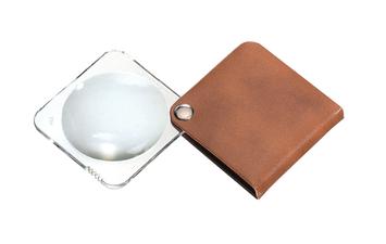 Image of single classic pocket magnifier with brown case attached