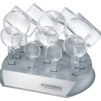 Image of multiple different sizes of magnifiers in a silver stand