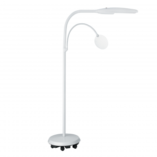 Image of white daylight floor stand with magnifier attached on black wheels