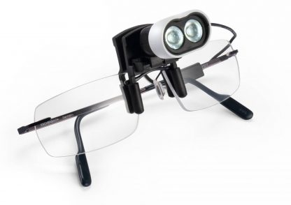 Image of glasses with LED headlight clipped onto the front