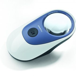 Image of Powerlux Magnifier with white and blue base with black button in the middle